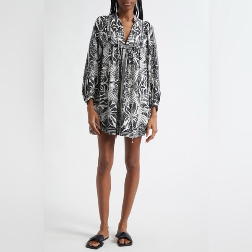 FARM Rio Monochrome Elegance Scarf Print Long Sleeve Linen Blend Minidress